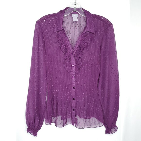 Y2K Sheer Accordion Pleated Blouse MP Purple V Neck Ruffle Fairy Romance Vintage - Picture 1 of 5